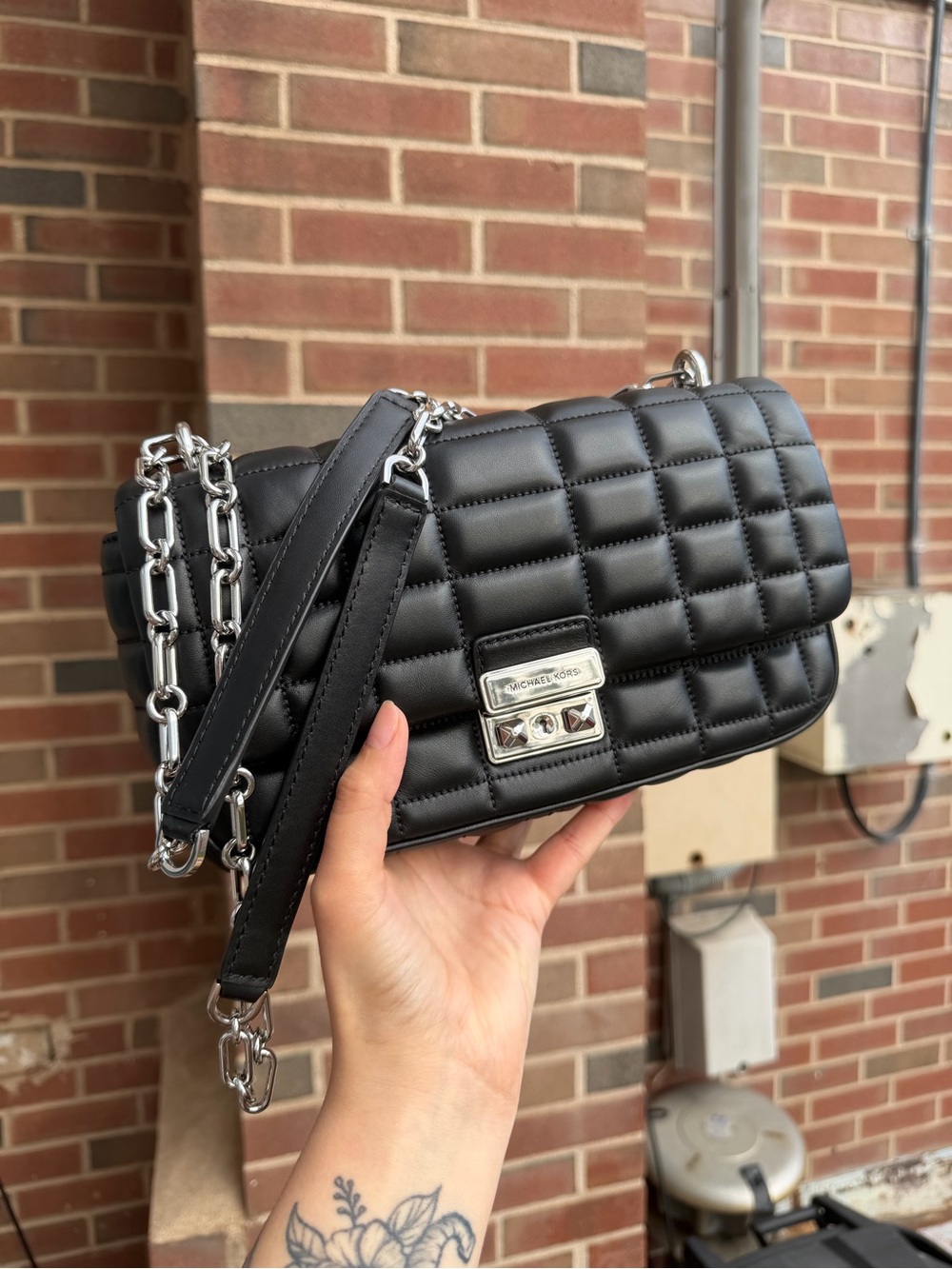 Michael Kors Black Quilted Leather Crossbody with Silver Chain